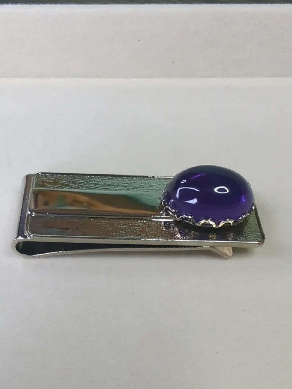 Vintage Money Clip, Cabochon Amytheyst, Silver Tone
